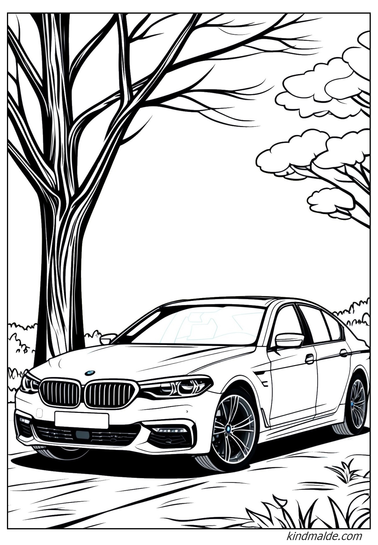 Ausmalbild BMW neben dem Baum zum Ausdrucken