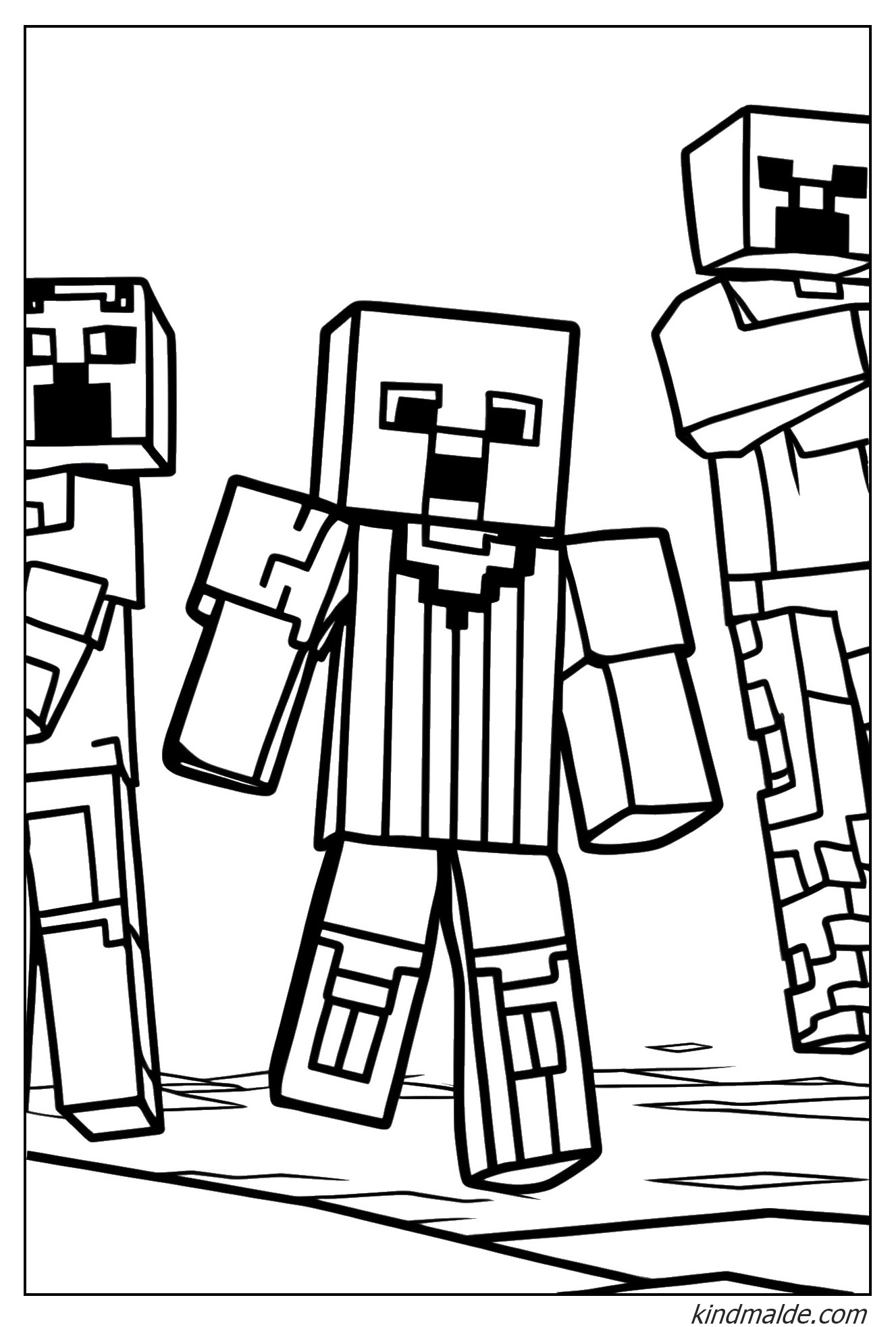 Ausmalbild Minecraft Figuren mit Harke und Schwert