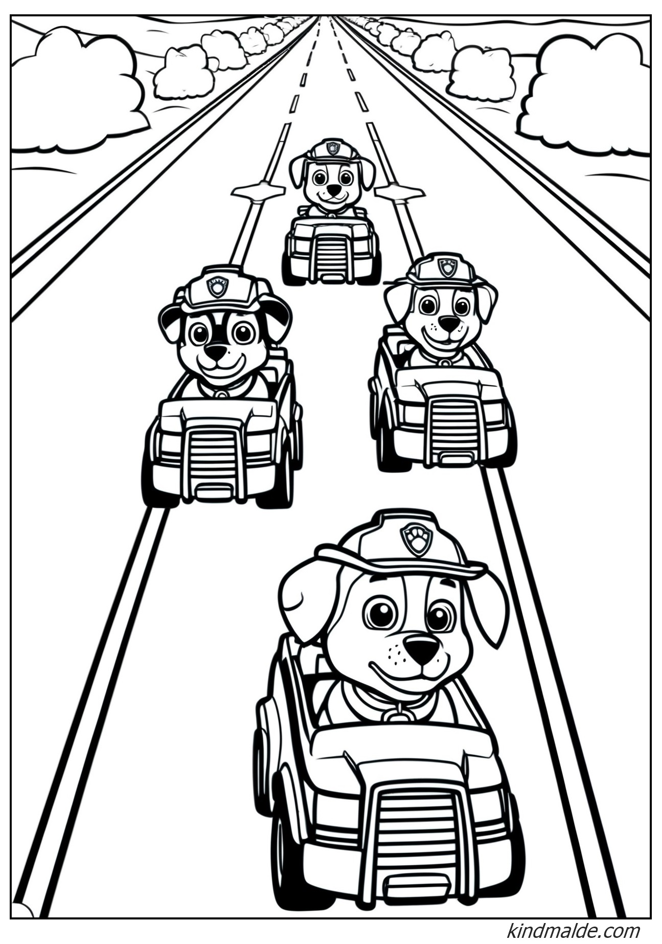 Ausmalbild Paw Patrol Hunde fahren Autos