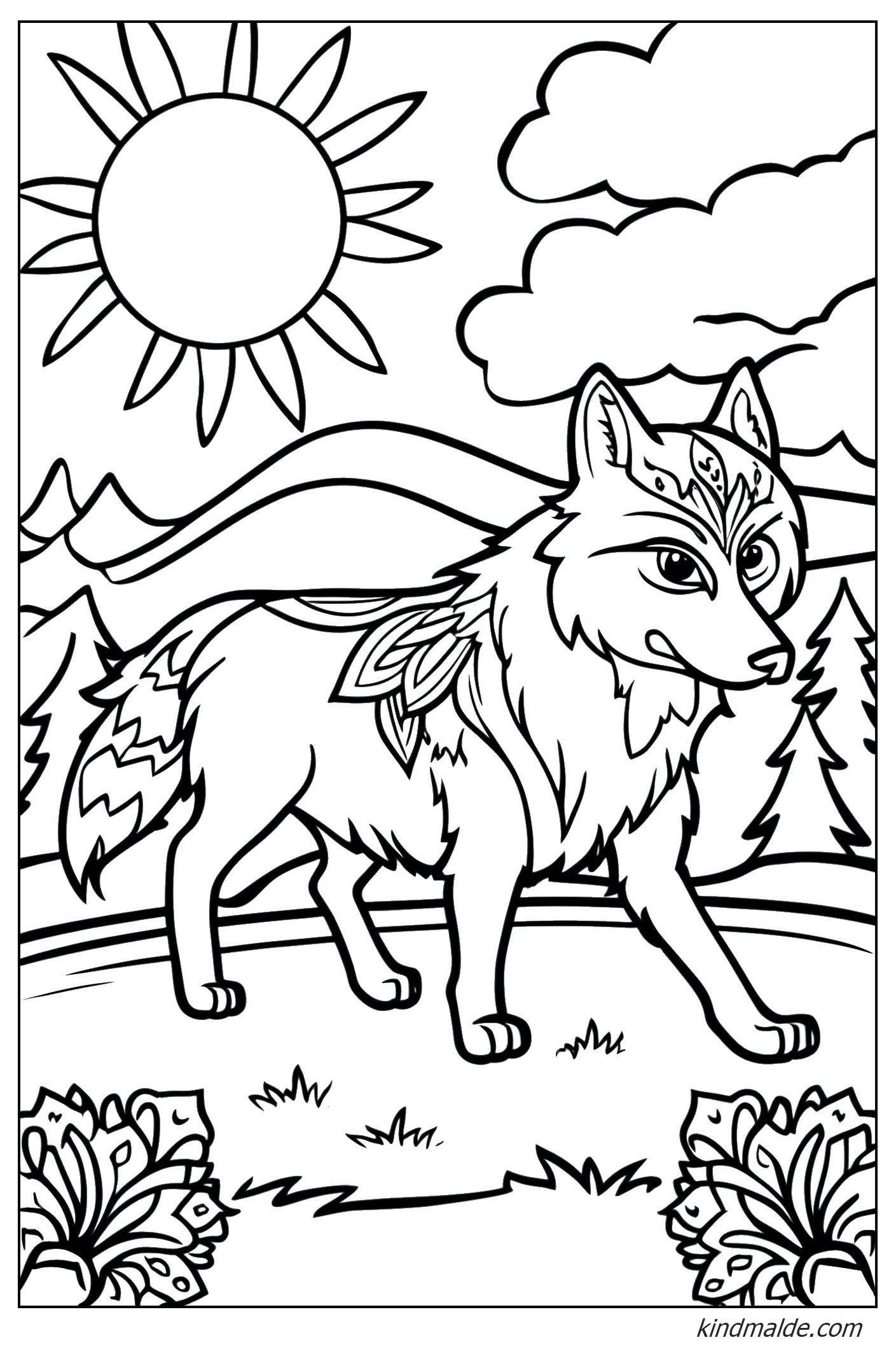 Ausmalbild Wolf Mandala zum Ausdrucken als pdf